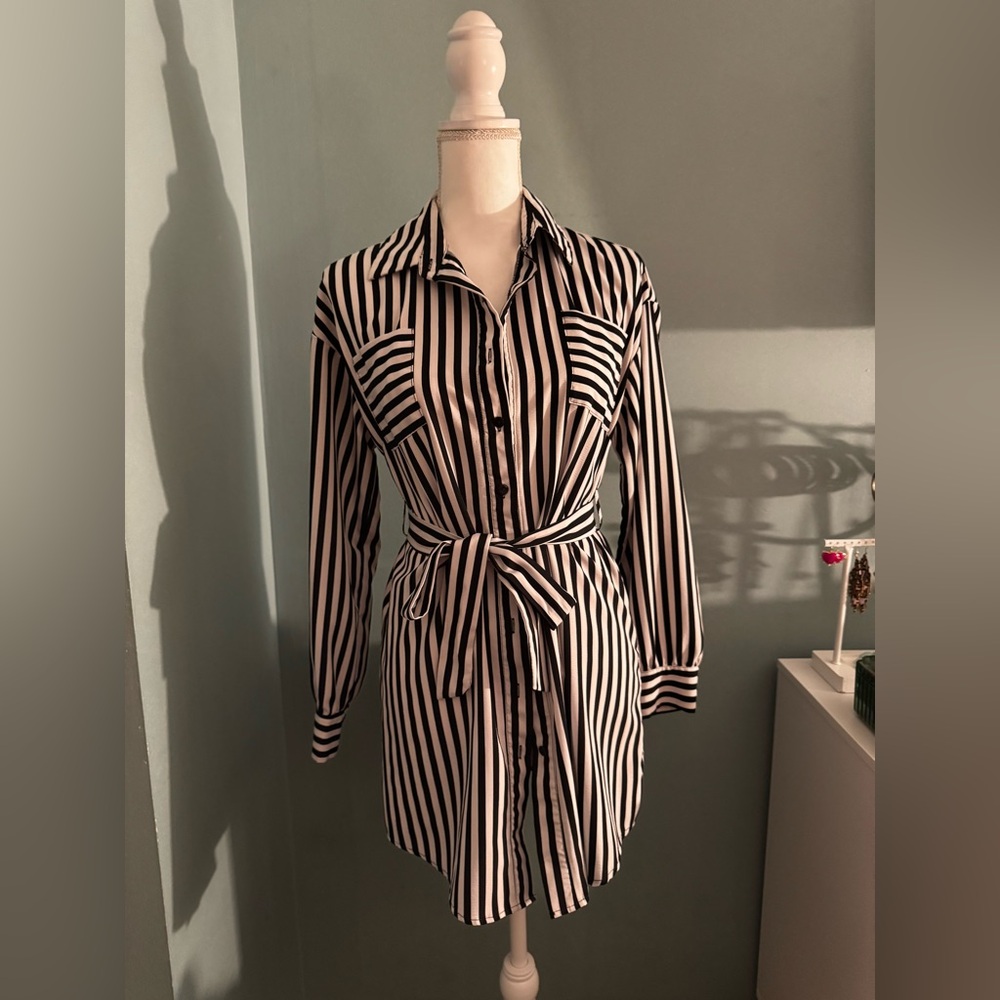 SHEIN Black and White Striped Shirt Dress Small